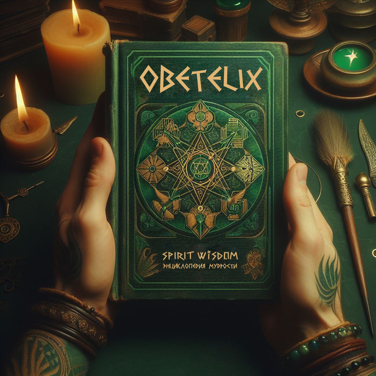 Green Obetelix Spirit Wisdom book surrounded by candles and ancient instruments